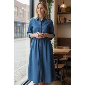 Tanner 1980's Women's Blue Denim Midi Shirt Dress Size 10 Casual Jean Classic